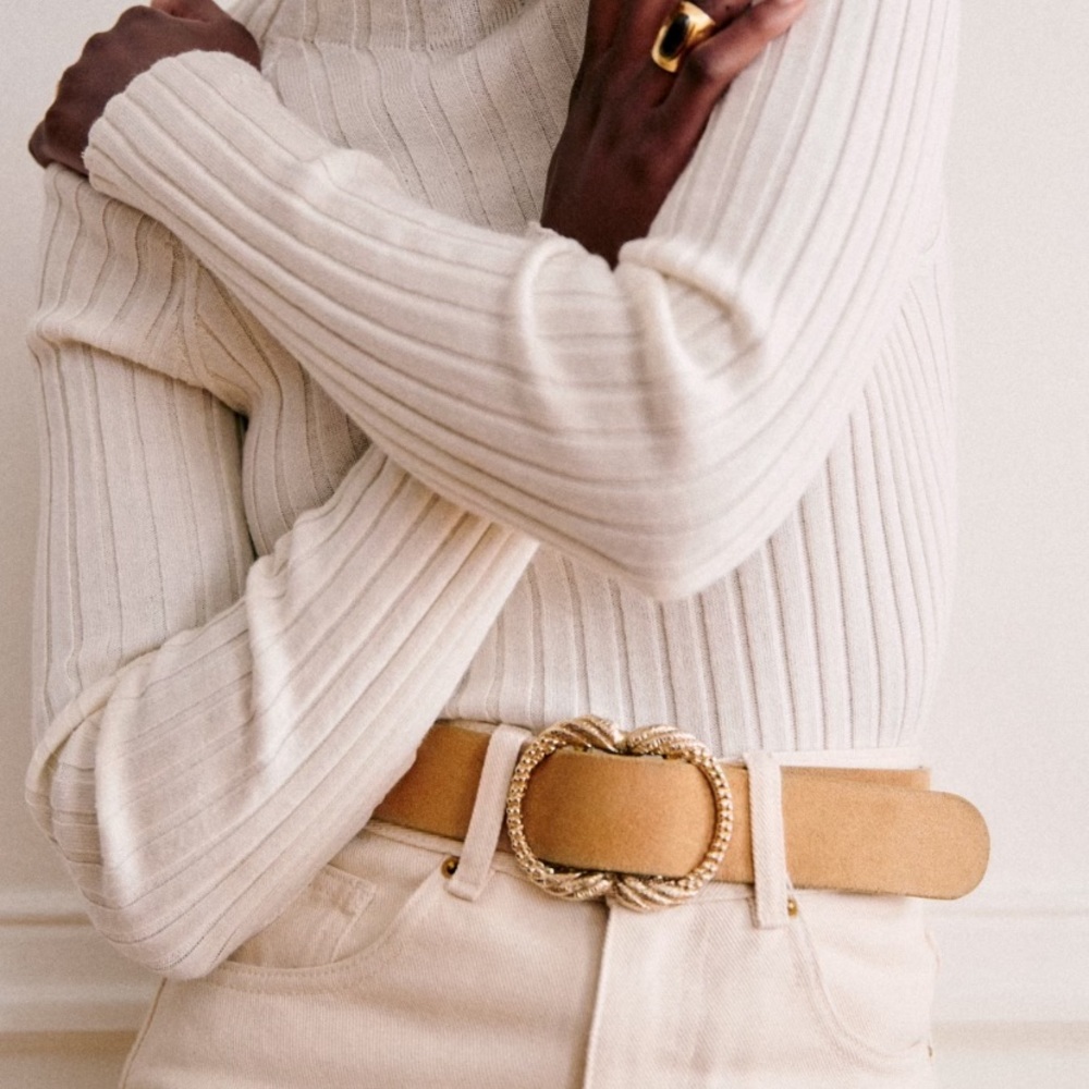 Sezane Artemis Tan Suede Women's Belt with Gold Decorative Buckle - Picture 4 of 12